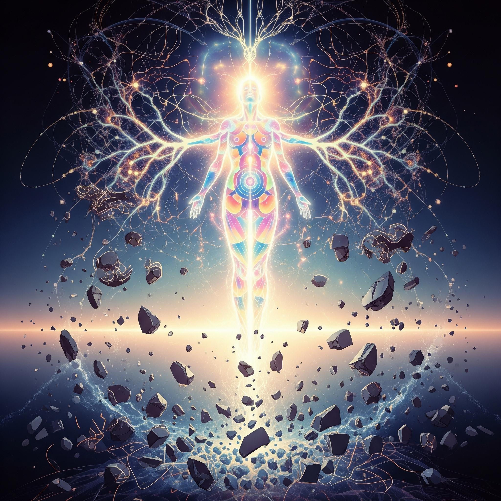 Silhouette lumineuse féminine en expansion d’énergie, entourée de roches flottantes et d’éclairs.